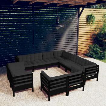 ARDEBO.de - 11-tlg. Garten-Lounge-Set mit Kissen Schwarz Massivholz Kiefer