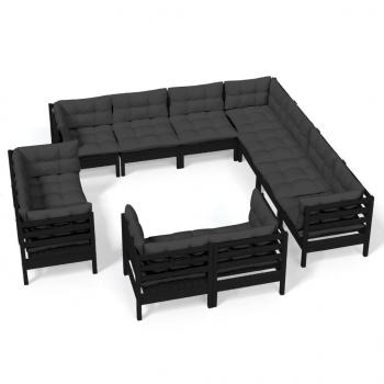 11-tlg. Garten-Lounge-Set mit Kissen Schwarz Massivholz Kiefer