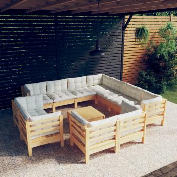 ARDEBO.de - 12-tlg. Garten-Lounge-Set mit Creme Kissen Massivholz Kiefer