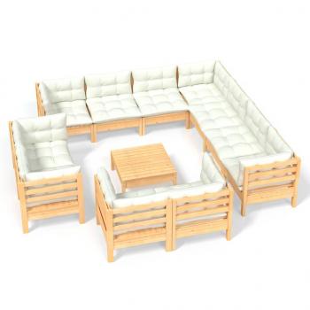 12-tlg. Garten-Lounge-Set mit Creme Kissen Massivholz Kiefer