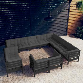 ARDEBO.de - 12-tlg. Garten-Lounge-Set mit Kissen Schwarz Massivholz Kiefer