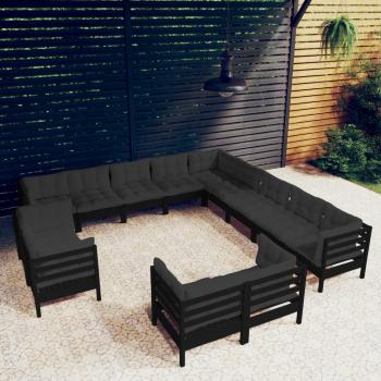 ARDEBO.de - 13-tlg. Garten-Lounge-Set mit Kissen Schwarz Massivholz Kiefer