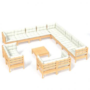 14-tlg. Garten-Lounge-Set mit Creme Kissen Massivholz Kiefer