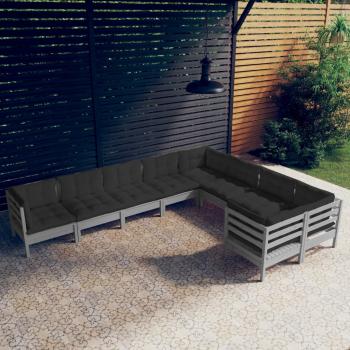 ARDEBO.de - 9-tlg. Garten-Lounge-Set mit Kissen Grau Kiefernholz