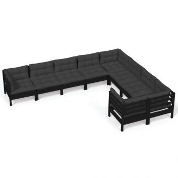 9-tlg. Garten-Lounge-Set mit Kissen Schwarz Kiefernholz