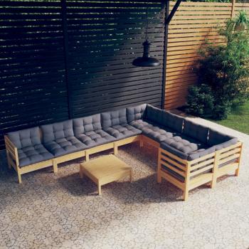 ARDEBO.de - 10-tlg. Garten-Lounge-Set mit Grauen Kissen Kiefernholz