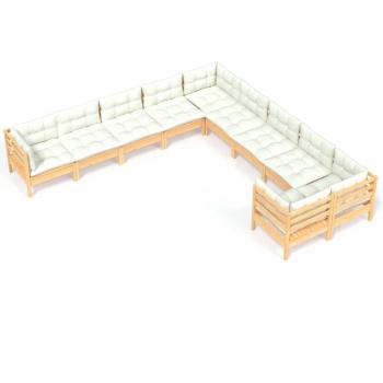 10-tlg. Garten-Lounge-Set mit Creme Kissen Kiefernholz