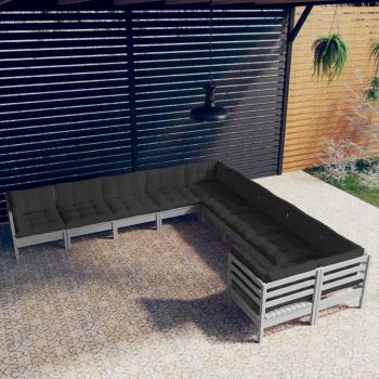 ARDEBO.de - 10-tlg. Garten-Lounge-Set mit Kissen Grau Kiefernholz