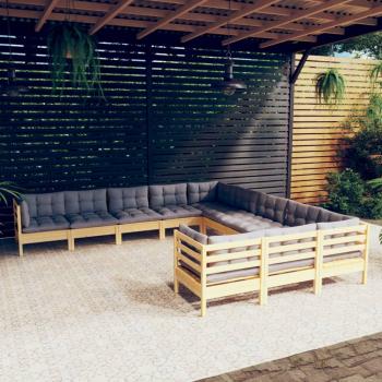 ARDEBO.de - 11-tlg. Garten-Lounge-Set mit Grauen Kissen Kiefernholz