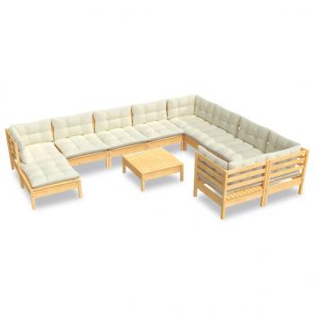 11-tlg. Garten-Lounge-Set mit Creme Kissen Kiefernholz