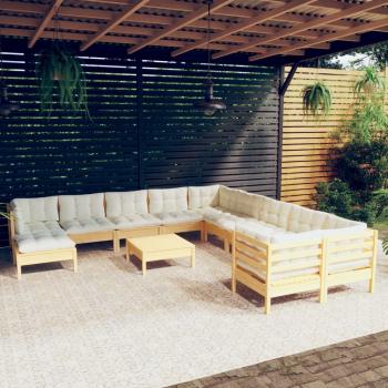 ARDEBO.de - 12-tlg. Garten-Lounge-Set mit Creme Kissen Kiefernholz