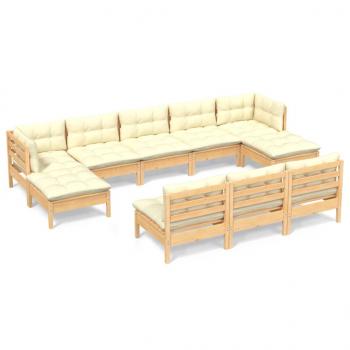 10-tlg. Garten-Lounge-Set mit Creme Kissen Kiefernholz