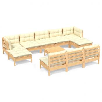 11-tlg. Garten-Lounge-Set mit Creme Kissen Kiefernholz