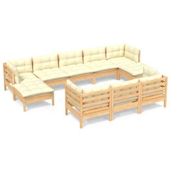 10-tlg. Garten-Lounge-Set mit Creme Kissen Massivholz Kiefer