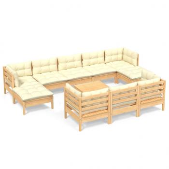 11-tlg. Garten-Lounge-Set mit Creme Kissen Massivholz Kiefer