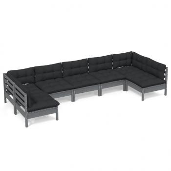 7-tlg. Garten-Lounge-Set mit Kissen Grau Kiefer Massivholz