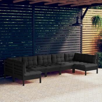 ARDEBO.de - 7-tlg. Garten-Lounge-Set mit Kissen Schwarz Massivholz Kiefer