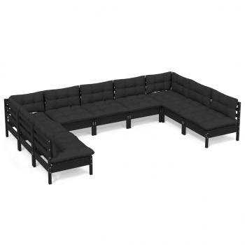 9-tlg. Garten-Lounge-Set mit Kissen Schwarz Massivholz Kiefer