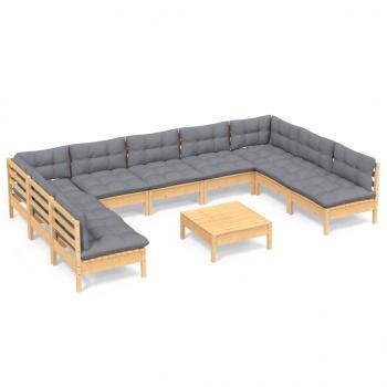 10-tlg. Garten-Lounge-Set mit Grauen Kissen Kiefer Massivholz