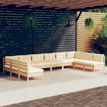 ARDEBO.de - 10-tlg. Garten-Lounge-Set mit Creme Kissen Massivholz Kiefer