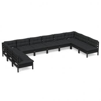 10-tlg. Garten-Lounge-Set mit Kissen Schwarz Kiefer Massivholz