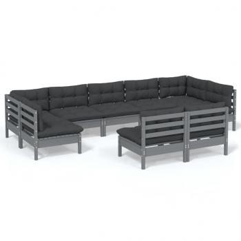 9-tlg. Garten-Lounge-Set mit Kissen Grau Kiefer Massivholz