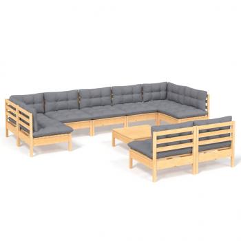 10-tlg. Garten-Lounge-Set mit Grauen Kissen Kiefer Massivholz