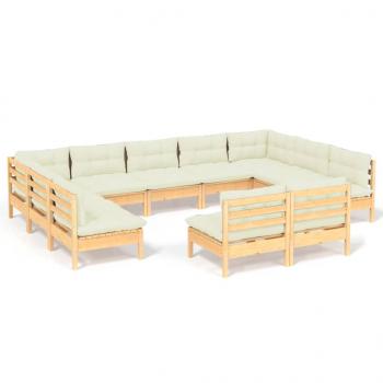 11-tlg. Garten-Lounge-Set mit Creme Kissen Massivholz Kiefer