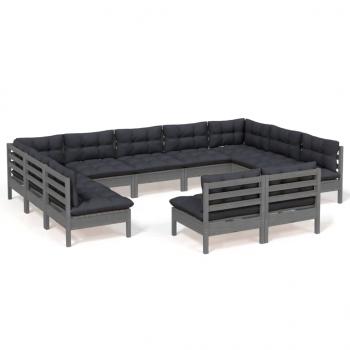 11-tlg. Garten-Lounge-Set mit Kissen Grau Kiefer Massivholz