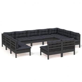 11-tlg. Garten-Lounge-Set mit Kissen Schwarz Kiefer Massivholz