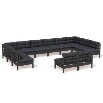 12-tlg. Garten-Lounge-Set mit Kissen Schwarz Kiefer Massivholz