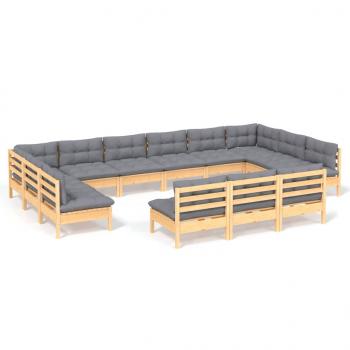 13-tlg. Garten-Lounge-Set mit Grauen Kissen Kiefer Massivholz