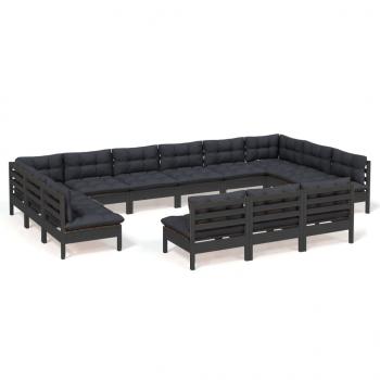 13-tlg. Garten-Lounge-Set mit Kissen Schwarz Kiefer Massivholz