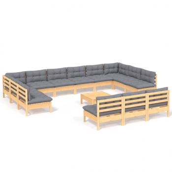 14-tlg. Garten-Lounge-Set mit Grauen Kissen Kiefer Massivholz