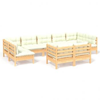 9-tlg. Garten-Lounge-Set mit Creme Kissen Massivholz Kiefer