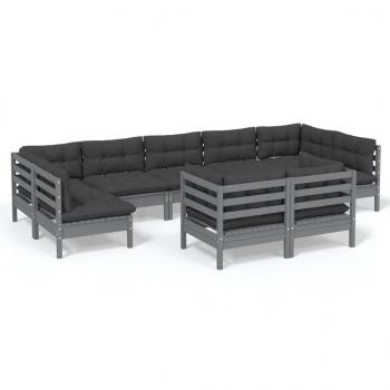 9-tlg. Garten-Lounge-Set mit Kissen Grau Kiefer Massivholz