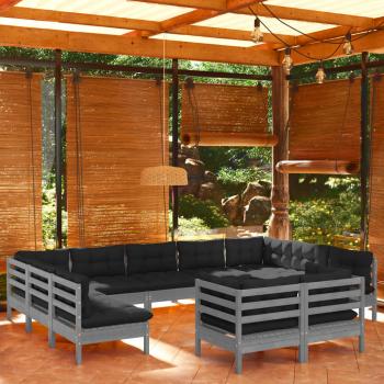 ARDEBO.de - 11-tlg. Garten-Lounge-Set mit Kissen Grau Kiefer Massivholz