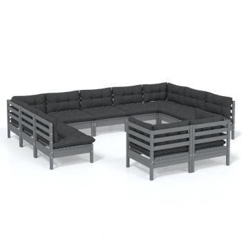 11-tlg. Garten-Lounge-Set mit Kissen Grau Kiefer Massivholz