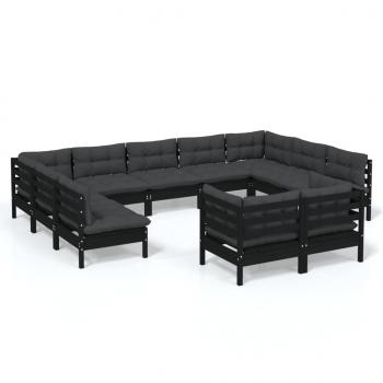 11-tlg. Garten-Lounge-Set mit Kissen Schwarz Massivholz Kiefer