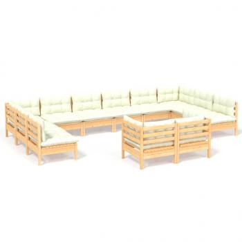 12-tlg. Garten-Lounge-Set mit Creme Kissen Massivholz Kiefer