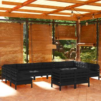 ARDEBO.de - 12-tlg. Garten-Lounge-Set mit Kissen Schwarz Kiefer Massivholz