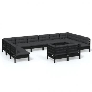 12-tlg. Garten-Lounge-Set mit Kissen Schwarz Kiefer Massivholz