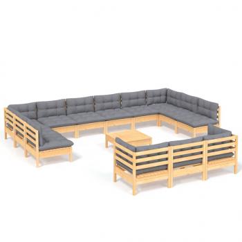 14-tlg. Garten-Lounge-Set mit Grauen Kissen Kiefernholz