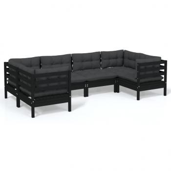 6-tlg. Garten-Lounge-Set mit Kissen Schwarz Kiefernholz