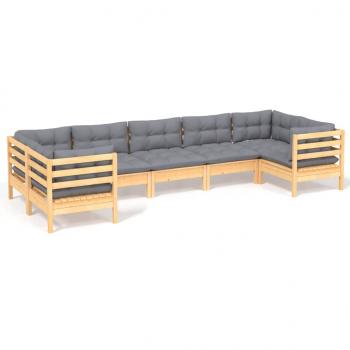 7-tlg. Garten-Lounge-Set mit Grauen Kissen Kiefernholz