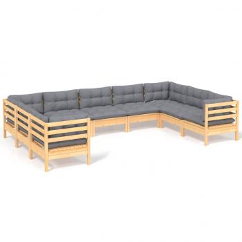 9-tlg. Garten-Lounge-Set mit Grauen Kissen Kiefernholz