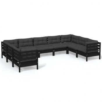 9-tlg. Garten-Lounge-Set mit Kissen Schwarz Kiefernholz