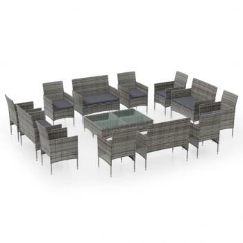 16-tlg. Garten-Lounge-Set mit Auflagen Poly Rattan Grau