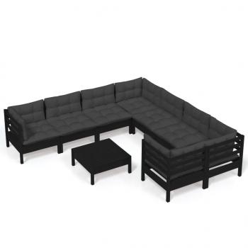 9-tlg. Garten-Lounge-Set mit Kissen Schwarz Kiefernholz