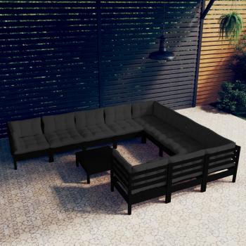 ARDEBO.de - 11-tlg. Garten-Lounge-Set mit Kissen Schwarz Kiefernholz